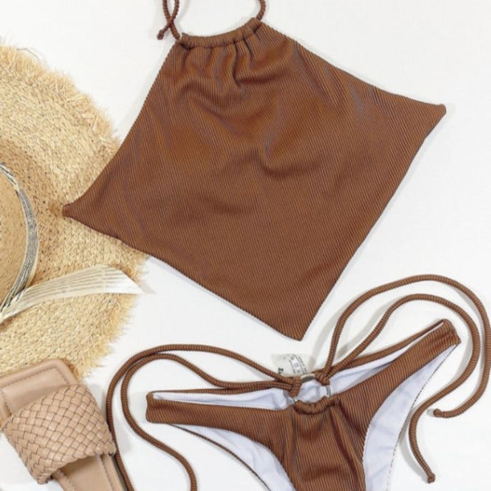 Lookeble's Diamond Halter Top High Cut Ribbed Bikini Set Brown